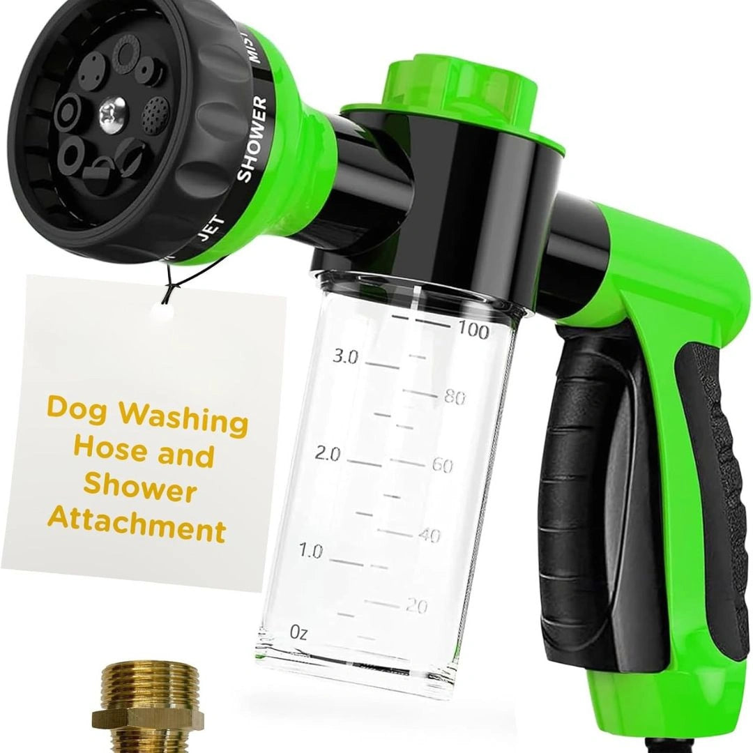 Dog washing hose attachment with soap dispenser